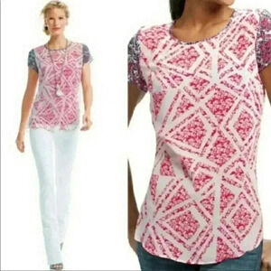 CAbi Sheer Red White Blue Blouse Size M